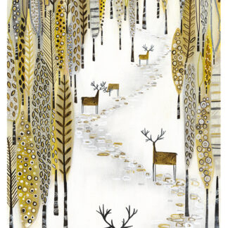 "Autumn Herd" by Nikki Monaghan – A stylized depiction of a deer herd amidst patterned trees in autumnal hues.