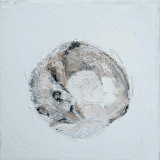 An abstract painting with textured white background and a circular, neutral-toned pattern at the center. By Charlotte Strawbridge