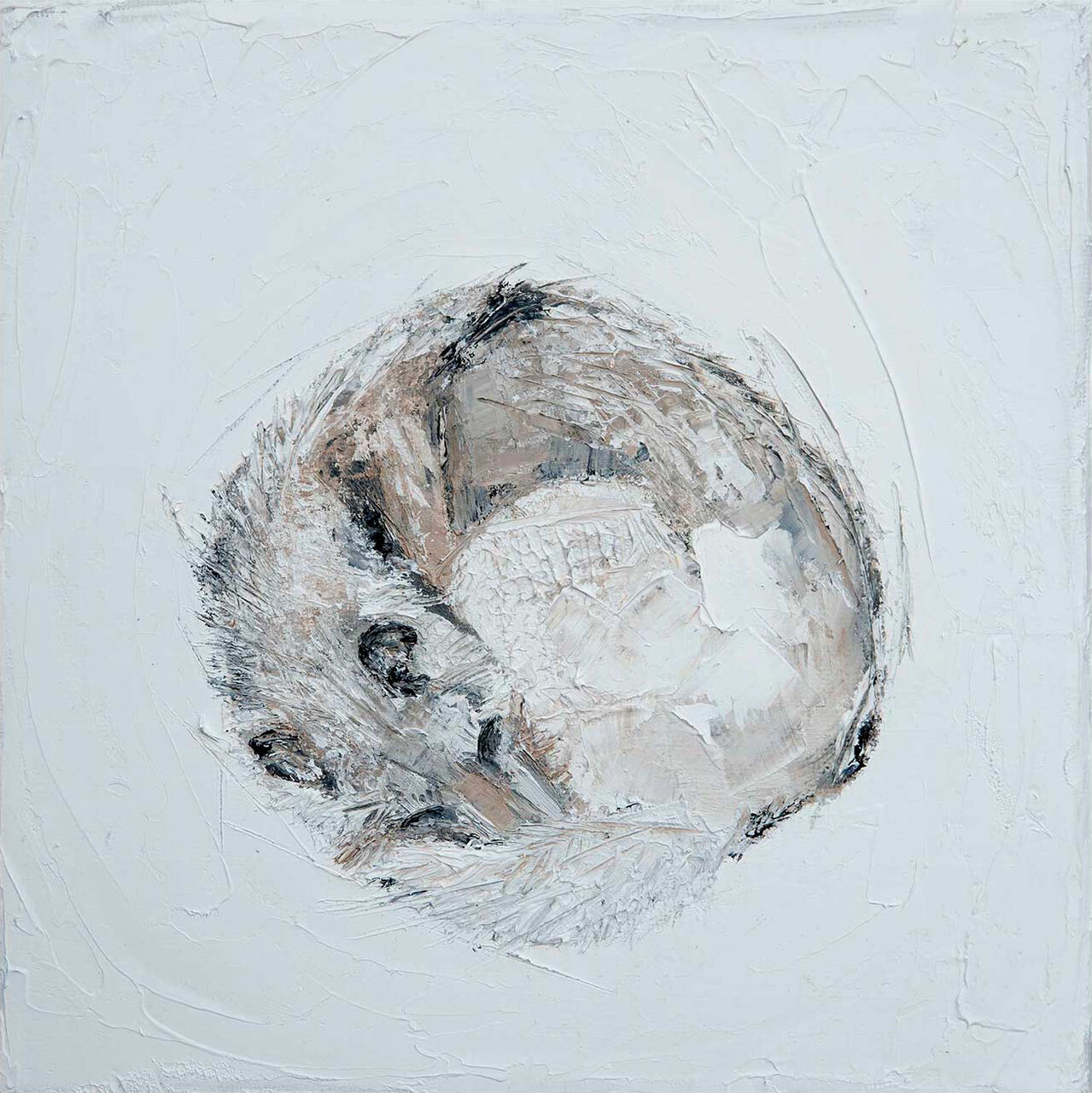 An abstract painting with textured white background and a circular, neutral-toned pattern at the center. By Charlotte Strawbridge