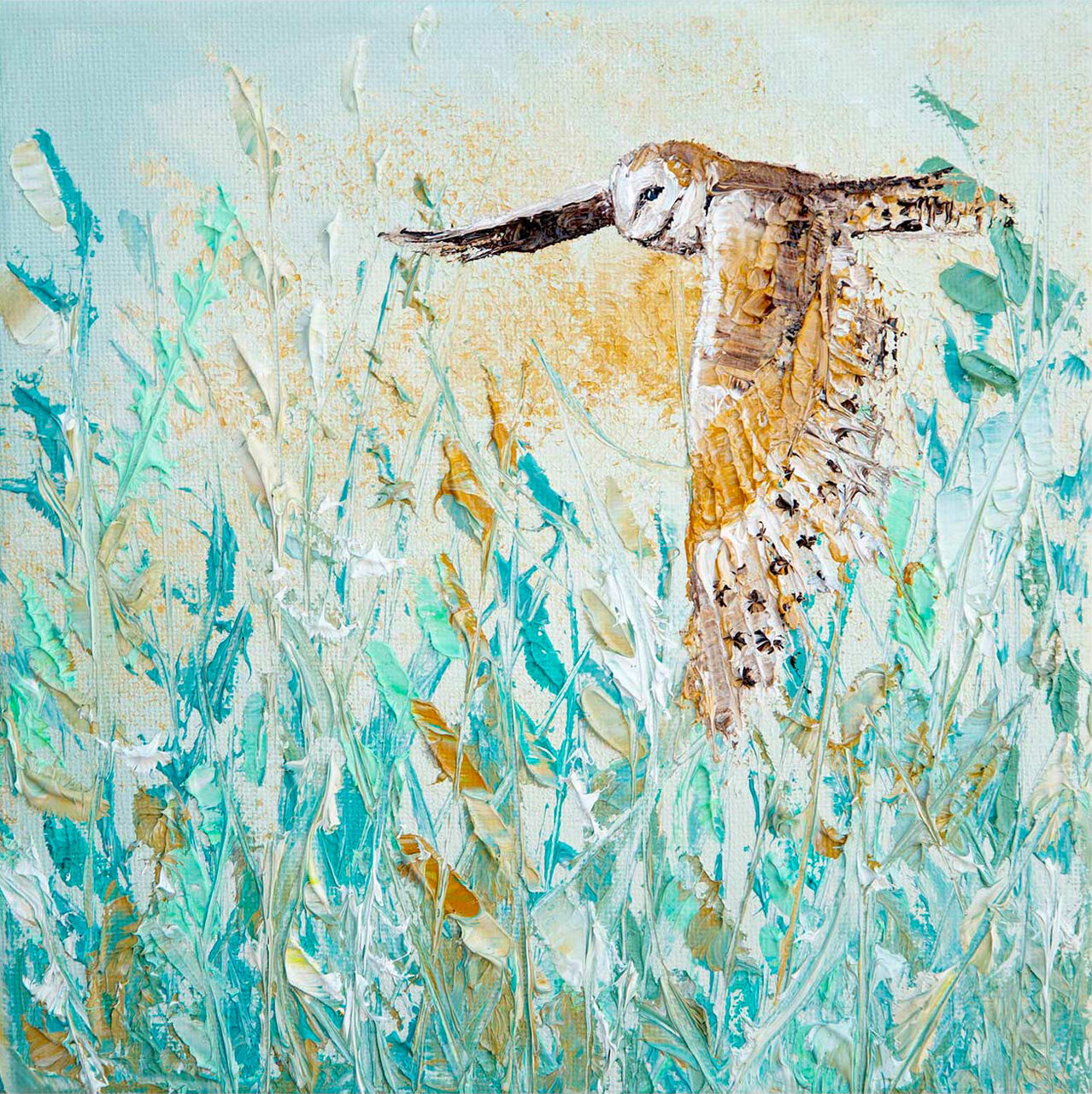 An owl in flight is depicted against a textured background of blue and green hues, with heavy impasto painting technique evident. By Charlotte Strawbridge