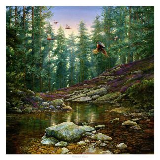 A serene forest landscape with a stream, rocks, flowering plants, and birds in flight under a soft, glowing light. By Chris Sharp