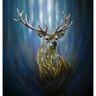 A majestic stag with large antlers stands against a blurred blue background illuminated by vertical light streaks. By Chris Sharp