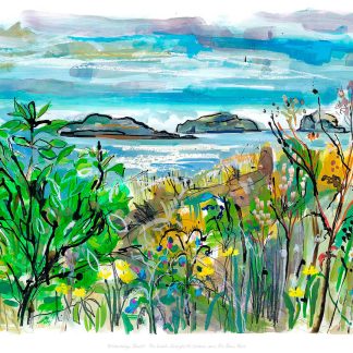 A vibrant watercolor painting depicting a coastal landscape with green foliage, colorful flowers, and blue water under a sky with soft clouds. By Claire Arbuthnott