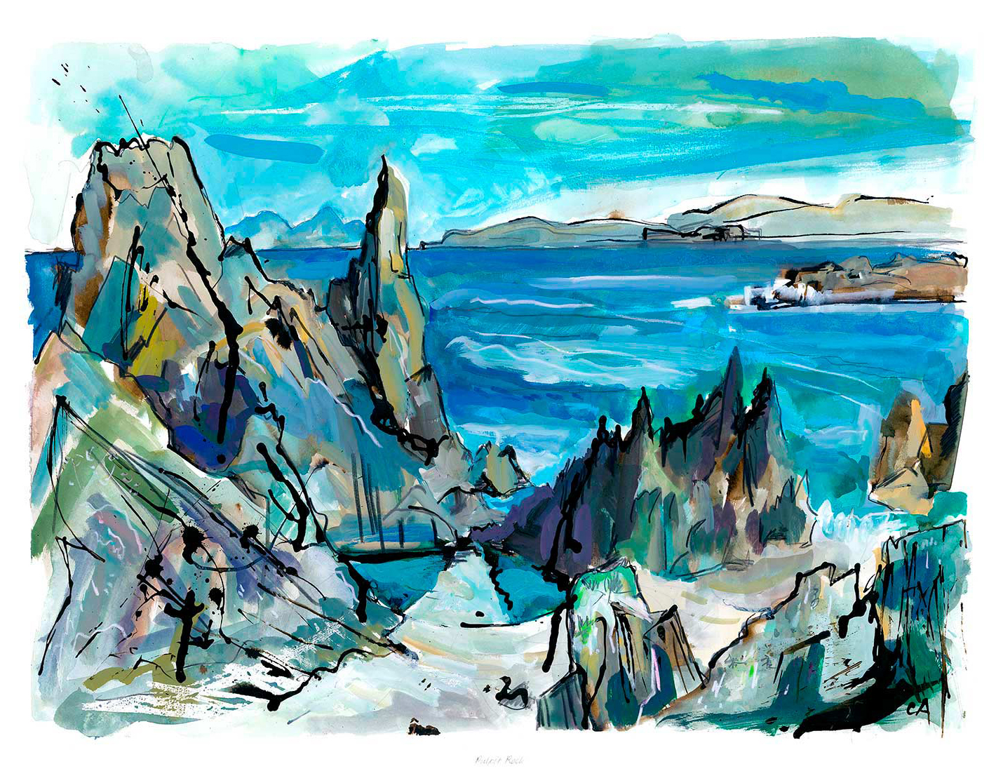 An abstract, colorful painting of a coastal landscape with cliffs and a body of water. By Claire Arbuthnott