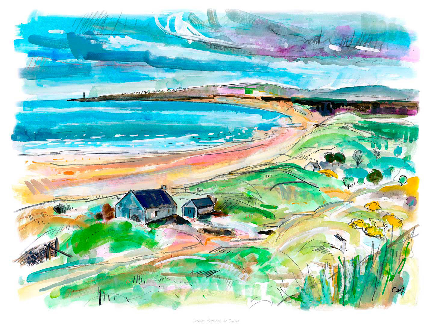 The image is a vibrant, colorful watercolor painting of a coastal landscape with houses and a beach. By Claire Arbuthnott