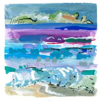 A colorful abstract watercolor painting depicting what appears to be a layered landscape with blue tones suggesting water and green tones possibly indicating foliage or hills. By Claire Arbuthnott