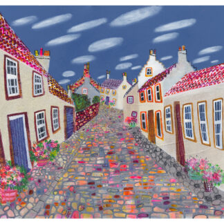 A colorful illustration of a quaint village street with cobblestones and charming houses under a twilight sky. By Nikki Monaghan