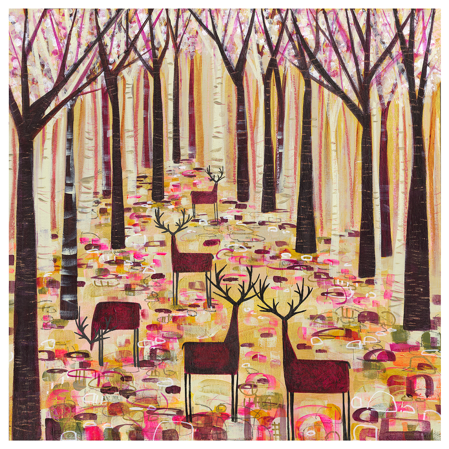 A colorful abstract painting depicting a forest with trees, some bare, against a backdrop of layered textural patterns and warm hues. By Nikki Monaghan