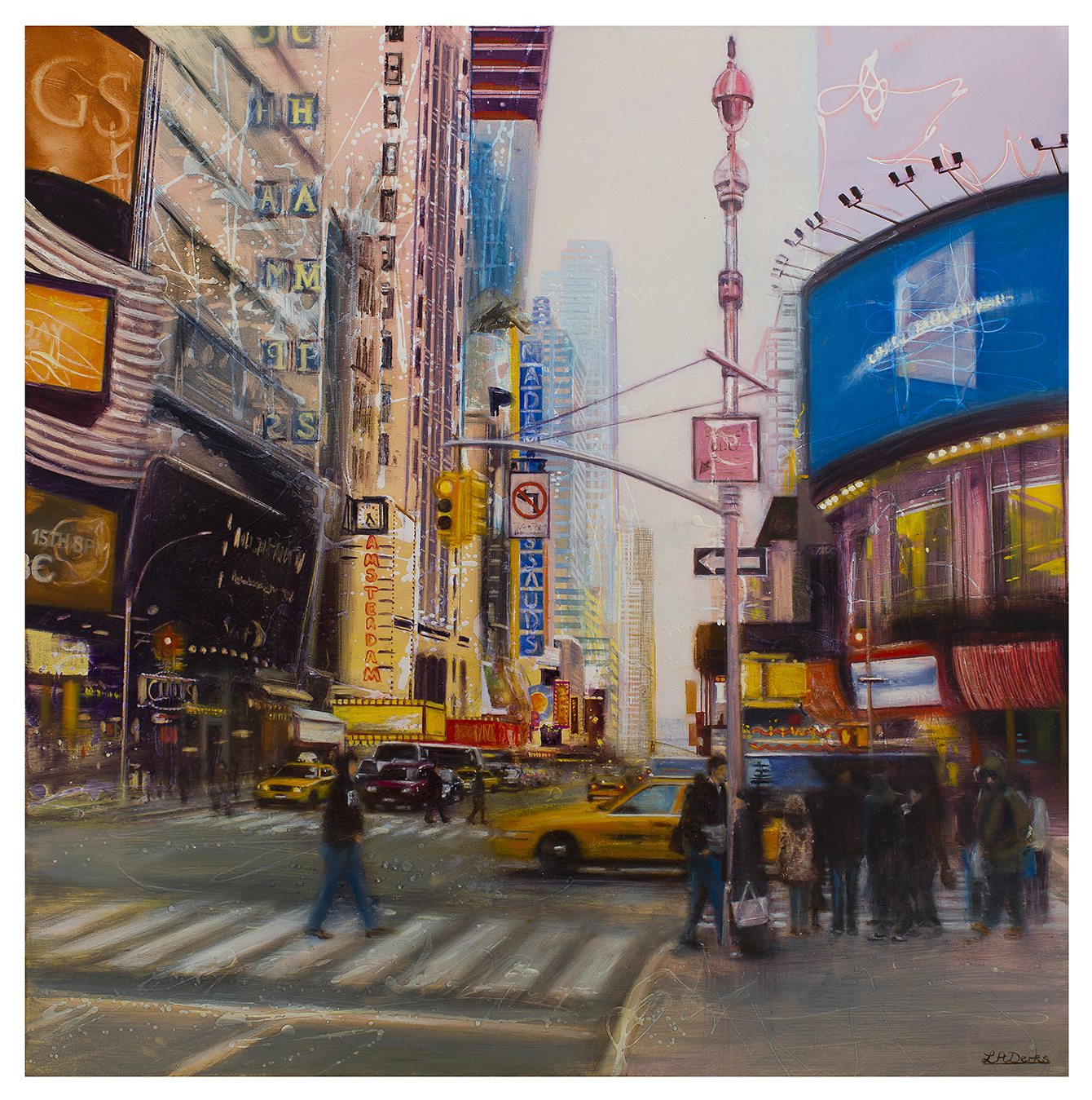 Day Dream Of New York captures a vibrant city street with tall buildings, neon signs, yellow taxis, and bustling crosswalks—immersing you in the lively atmosphere of Times Square.
