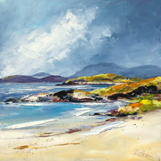 A vibrant and colorful impressionistic painting of a coastal landscape with the sea, sky, and wildflowers. By Dronma