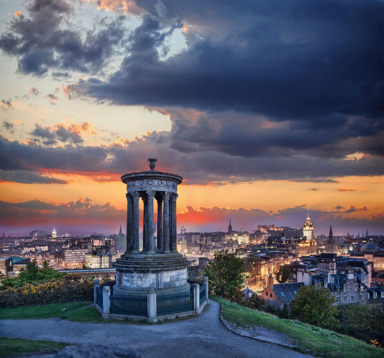 Edinburgh against sunset with Calton Hill in Scotland