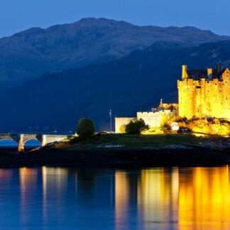 Eilean Donan Castle at night, Loch Duich, Scotland landscape