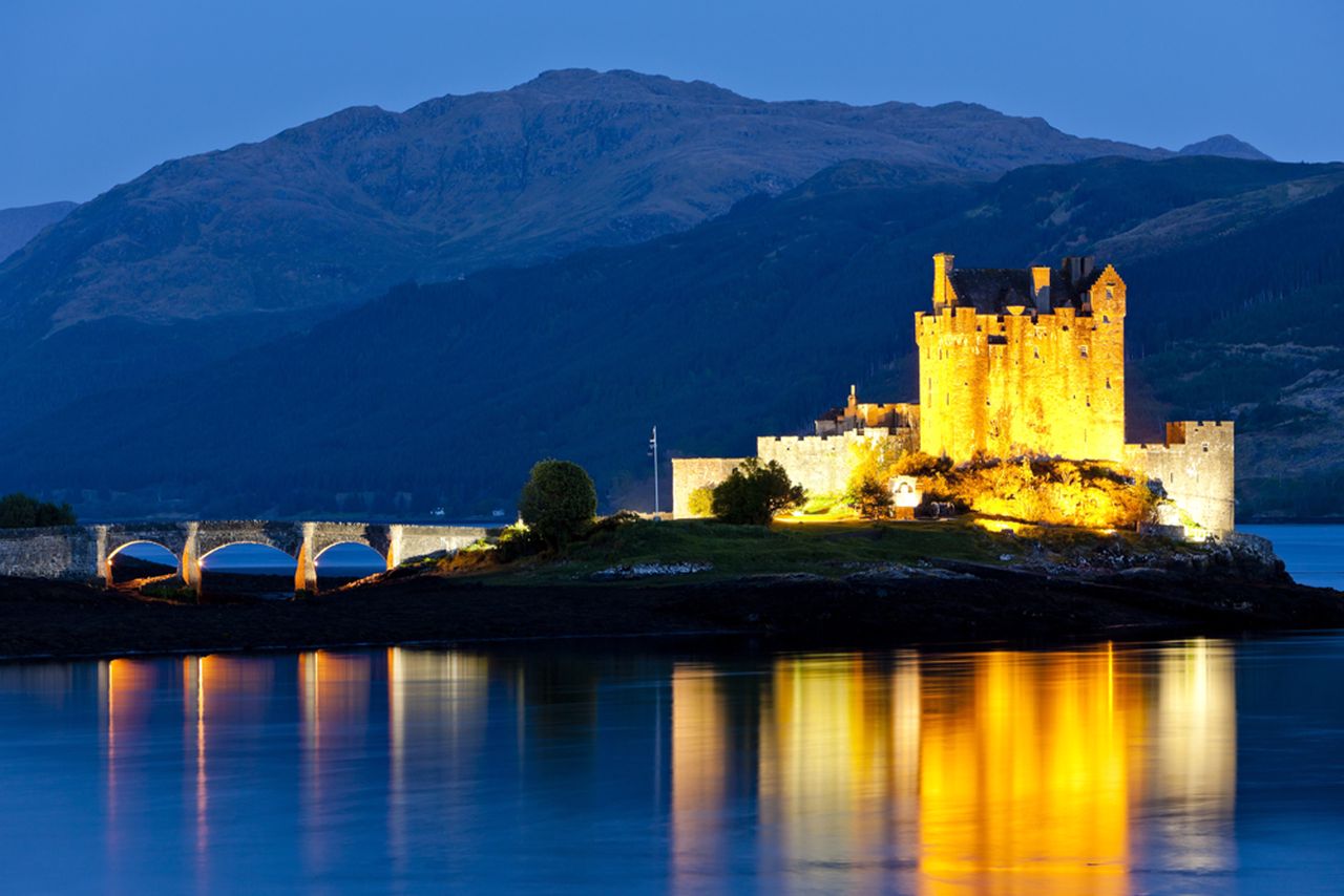 Eilean Donan Castle at night, Loch Duich, Scotland landscape