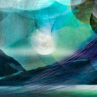 Abstract colorful brush strokes overlaying a silhouette of mountains and a factory skyline. By Esther Cohen