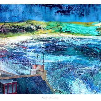 The image displays a colorful, abstract painting of a coastal village with waves crashing onto the shore. By Fiona Mathieson