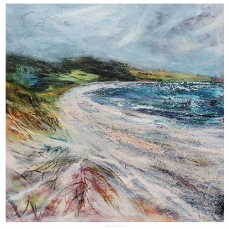 The image depicts a colorful abstract impressionist painting of a coastal landscape with a dynamic sky and textured brushstrokes. By Fiona Mathieson