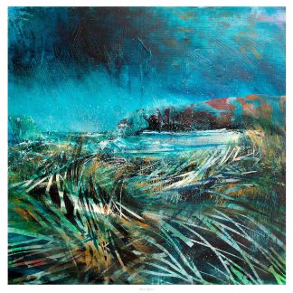 A vibrant abstract painting depicting dynamic brushstrokes in shades of blue, green, and red, evoking a tumultuous sea or natural landscape. By Fiona Mathieson