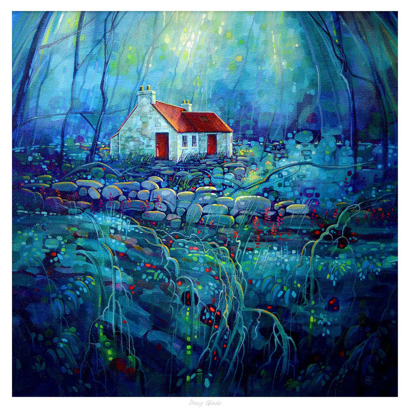 A vibrant painting depicting a white house amidst a mystical blue forest with glowing details and red spots possibly representing flowers or fauna. By Esther Cohen