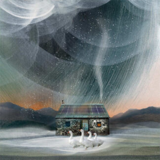 A whimsical illustration of three geese in front of a cottage with an aurora-like sky and snowflakes. By Esther Cohen