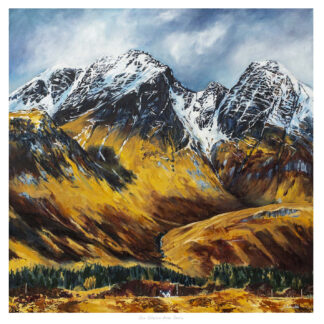 A vibrant painting of a mountainous landscape with prominent peaks and textured valleys in autumnal colors.By Julie Arbuckle