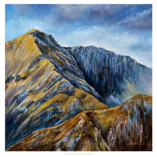 A vibrant painting depicting a rugged mountain landscape with detailed brushwork highlighting the textures of the rocky terrain under a moody sky.By Julie Arbuckle