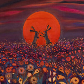 Two rabbits silhouette against a large red sun amidst a field of colorful flowers under a red sky.By Keli Clark