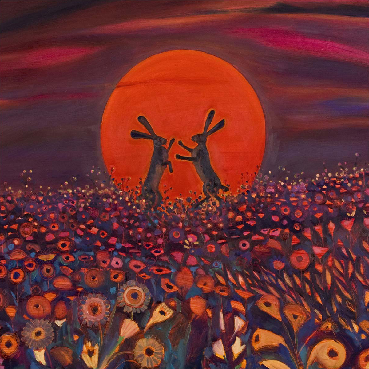 Two rabbits silhouette against a large red sun amidst a field of colorful flowers under a red sky.By Keli Clark