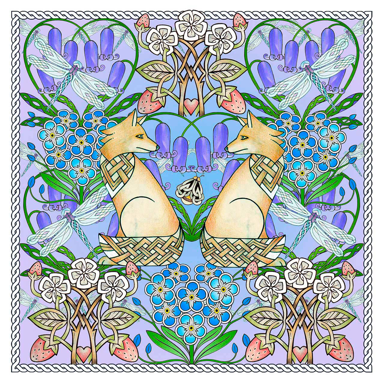 The image is a colorful symmetrical illustration featuring abstract and floral elements, as well as creatures that resemble cats. By Marjorie Tait