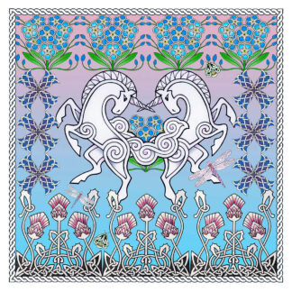 Two stylized white horses with intertwined tails facing each other, surrounded by a border of flowers and a single dragonfly, on a decorative background. By Marjorie Tait By