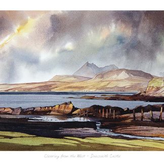 A watercolor painting depicting a dramatic landscape with mountains, clouds, and a body of water, with a blend of warm and cool tones. By Peter Mcdermott