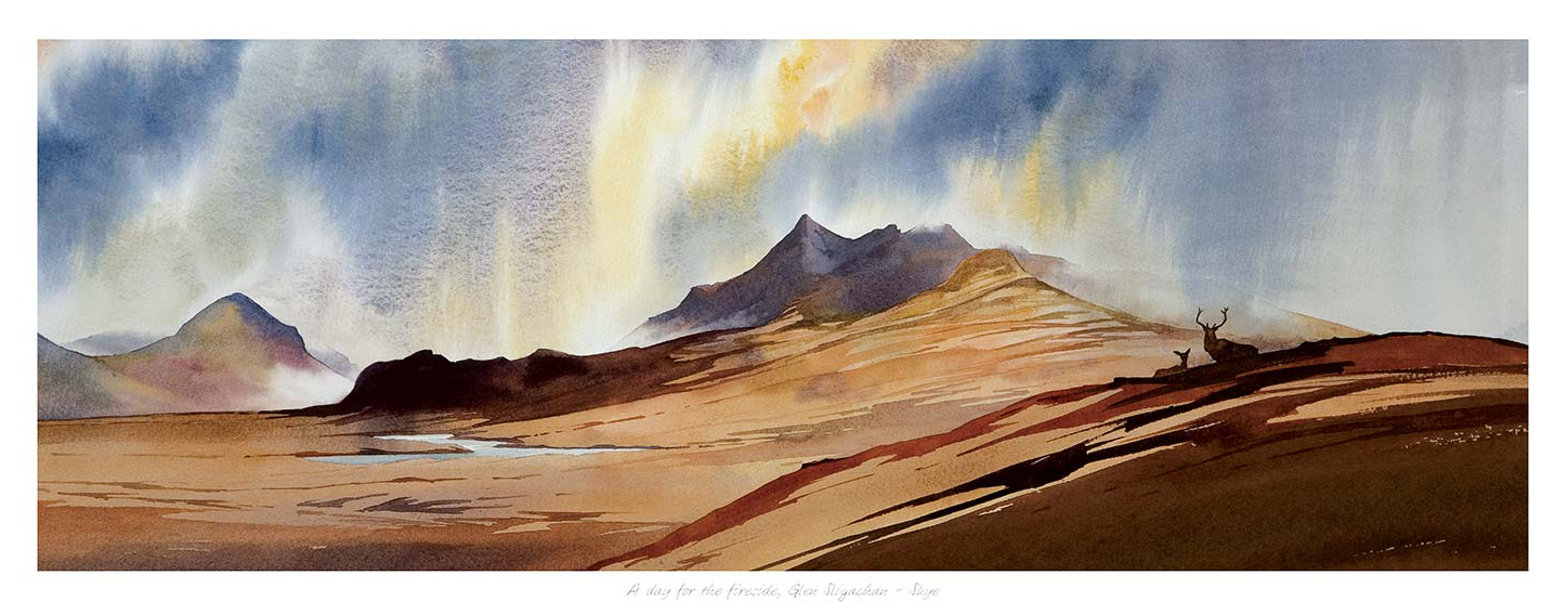 A watercolor landscape painting showcasing mountains with dramatic lighting and a richly colored foreground. By Peter Mcdermott