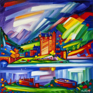 Colorful abstract painting of Eilean Donan Castle by a lake with boats and swirling vibrant brushstrokes. “Summer Day, Eilean Donan” framed fine art giclée print by Raymond Murray, featuring the artist’s visible signature.