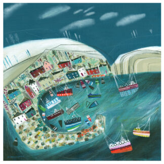 A colorful illustration of a quaint coastal village with boats on the water and houses nestled close together, under a night sky with clouds and moonlight. By Nikki Monaghan