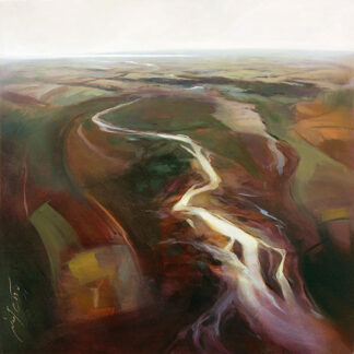 A painting depicting a winding river flowing through rolling green landscapes with a hint of abstract style. By Ismael Pinteño Visuara