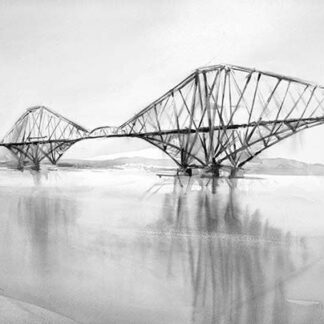 A black and white sketch of a truss bridge reflecting on the surface of calm water. By Ismael Pinteño Visuara