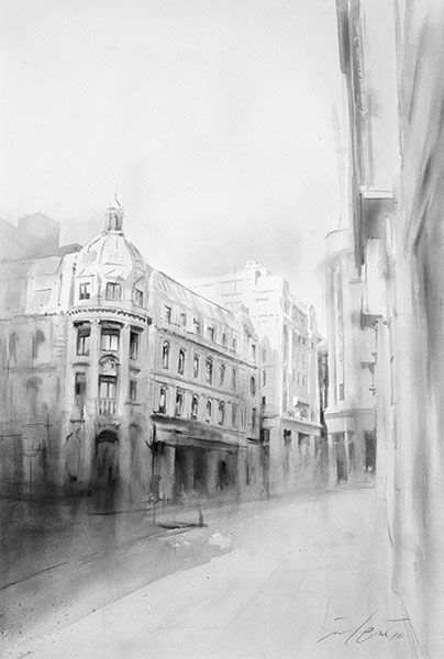 A black and white watercolor painting of a majestic building on a city street corner with a cloudy sky above. By Ismael Pinteño Visuara