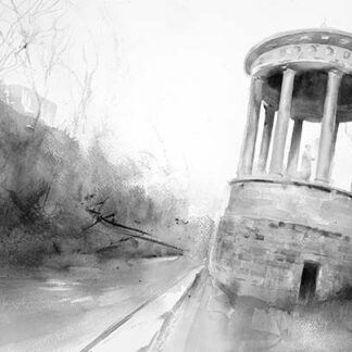 A black and white watercolor painting depicting an old, rounded stone structure with a columned balcony surrounded by a lightly sketched natural landscape. By Ismael Pinteño Visuara