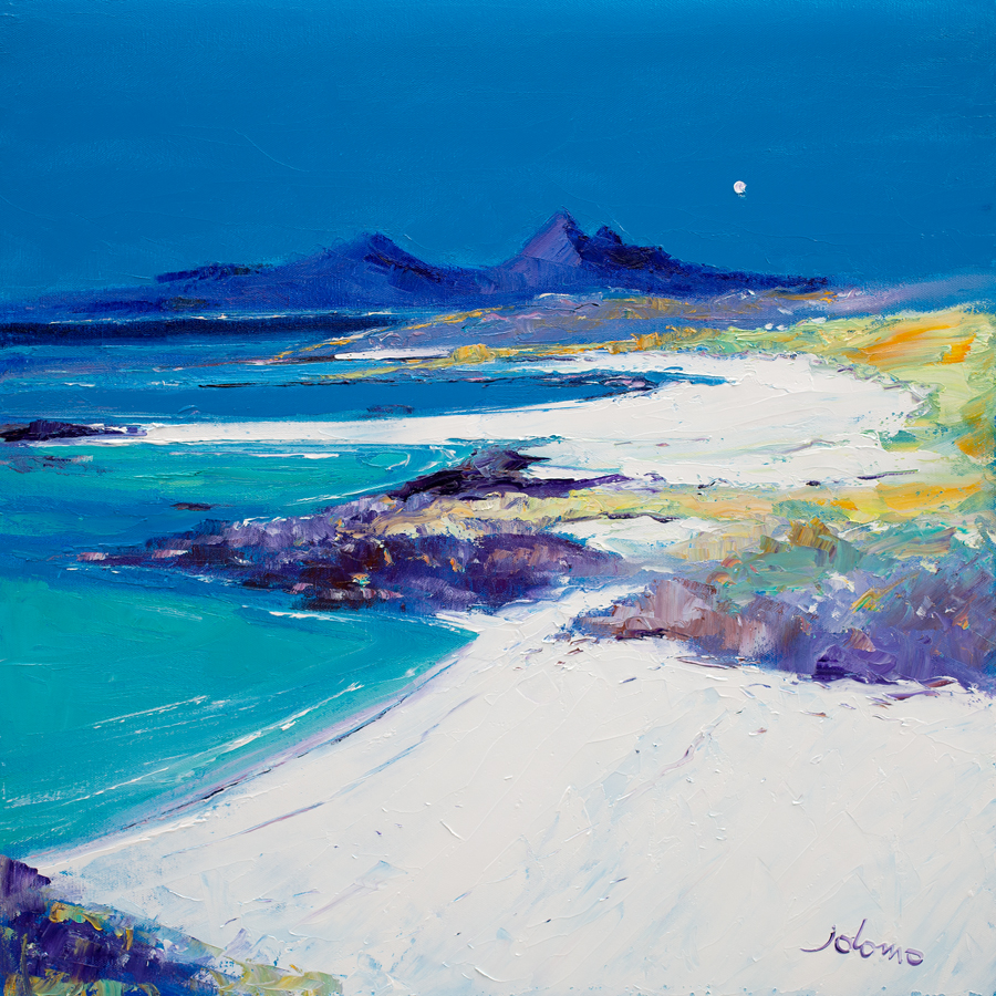 A Summer Moon, Sanna Bay is a vibrant painting with turquoise water, white sandy beaches, distant blue mountains, a deep blue sky, and a small white moon. Bold brushstrokes and bright colors evoke the lively coastal scene.