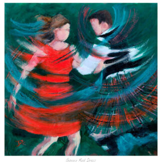 Two figures depicted in a vibrant, abstract style appear to be dancing, with the one in a red dress being the focal point.By Janet McCrorie