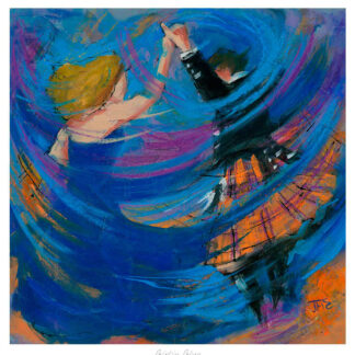 The image depicts an abstract painting with vibrant blue whirlpool patterns and elements suggesting a figure swimming near a sunken boat.By Janet McCrorie