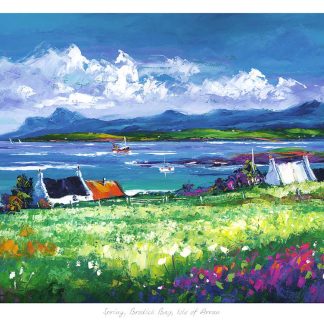 A vibrant painting depicting a coastal scene with colorful flowers in the foreground, buildings in the middle, and mountains across the sea in the background.By Janet McCrorie