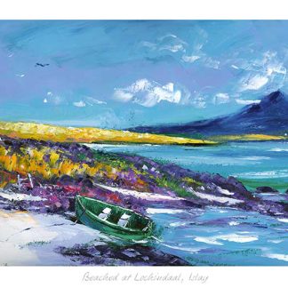 A colorful painting of a coastline with a lighthouse, flowers, mountains in the background, and a boat on the shore.By Janet McCrorie