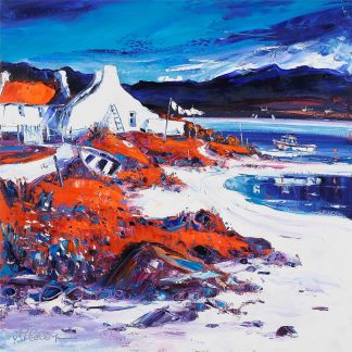 A vibrant, expressive painting of a coastal scene with a white house, boats, and vivid blue water under a dynamic sky.By Janet McCrorie