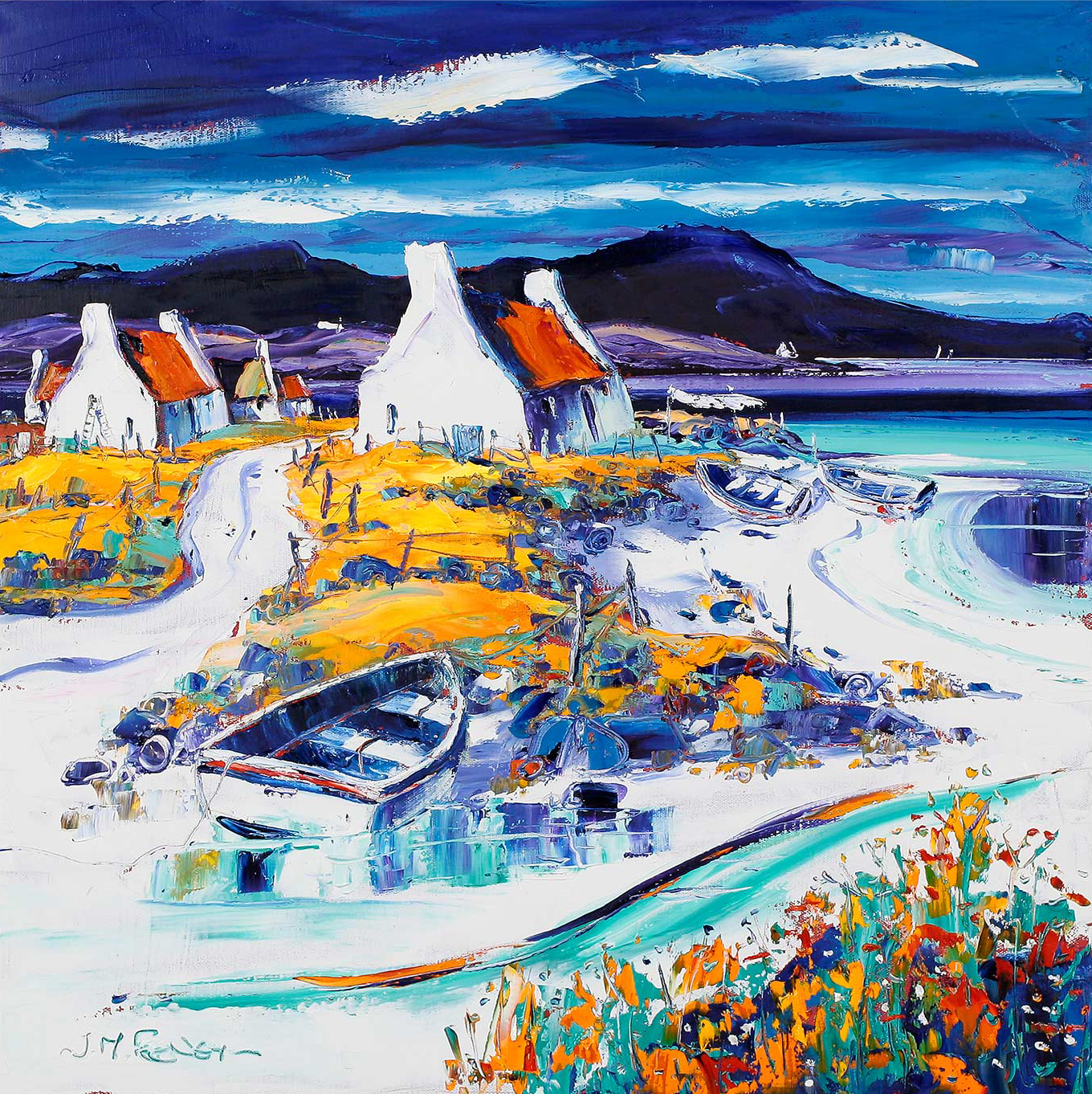 The image is a vibrant, expressionistic painting depicting a coastal village with boats and buildings, dominated by blue and orange hues.By Janet McCrorie