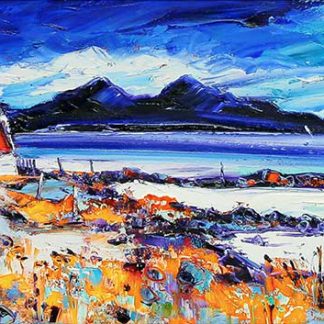 A vibrant, expressive painting of a coastal scene with buildings, a boat, and vivid blue water under a dynamic sky.By Janet McCrorie