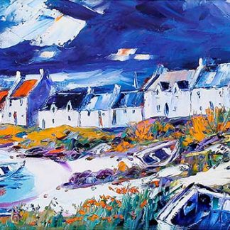 A vibrant and colorful impressionist painting of a coastal village with houses and a beach under a dynamic sky.By Janet McCrorie