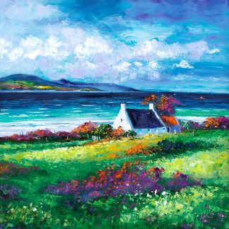 A vibrant painting of a white cottage by the sea, surrounded by colorful flora under a lively sky.By Janet McCrorie