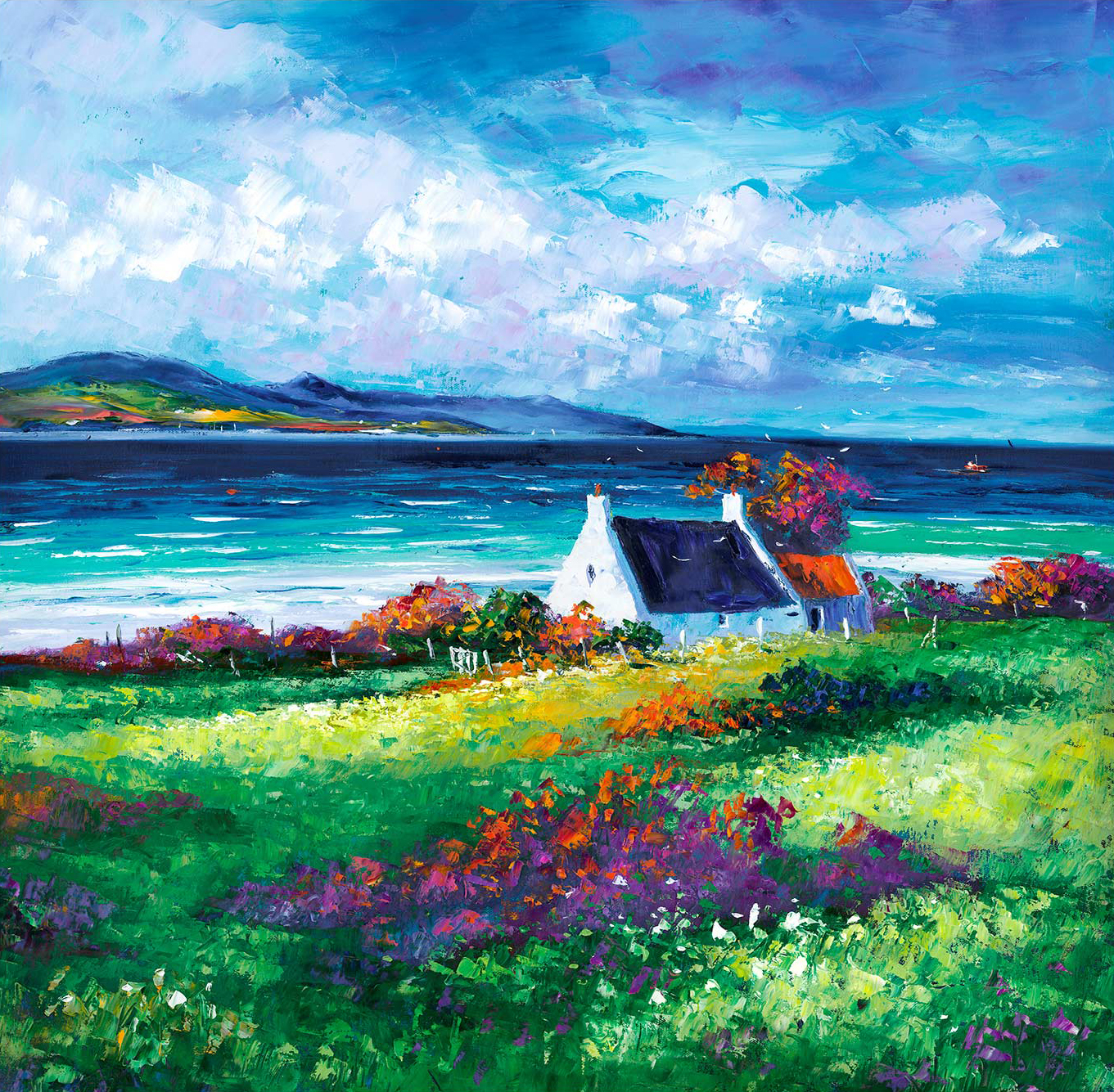 A vibrant painting of a white cottage by the sea, surrounded by colorful flora under a lively sky.By Janet McCrorie