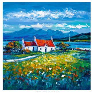 The image depicts a vibrant, colorful painting of a rural landscape with a white cottage, flowers in the foreground, and mountains in the background.By Janet McCrorie