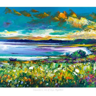 An expressive, colorful landscape painting depicting a vibrant seaside scene with wildflowers, a road, and houses under a dynamic sky.By Janet McCrorie